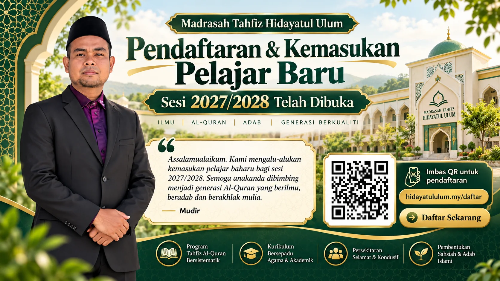 Pendaftaran dan kemasukan pelajar baru Madrasah Tahfiz Hidayatul Ulum sesi 2027/2028 telah dibuka